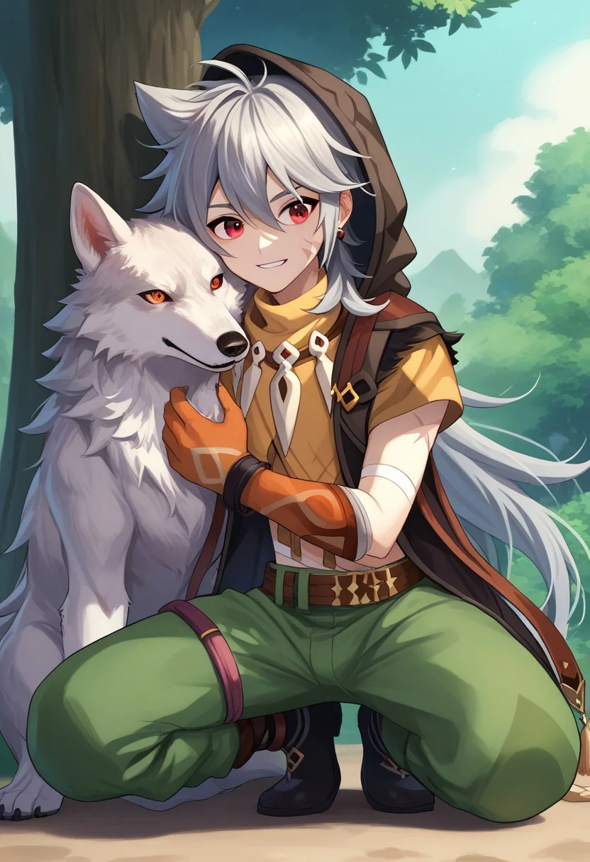 score_9, score_7_up, source_anime,
boreas, 1boy, male focus, solo, red eyes, grey hair, long hair, very long hair, bangs, hair between eyes, jewelry, earrings, single earring, tooth necklace, scar, scar on face, jacket, sleeveless jacket, brown jacket, hood, hood up, tassel, orange shirt, short sleeves, midriff, bandages, gloves, orange gloves, belt, pants, green pants, wolf, white wolf, animal, hug wolf, petting, on one knee, smile,
outdoor, tree, wood