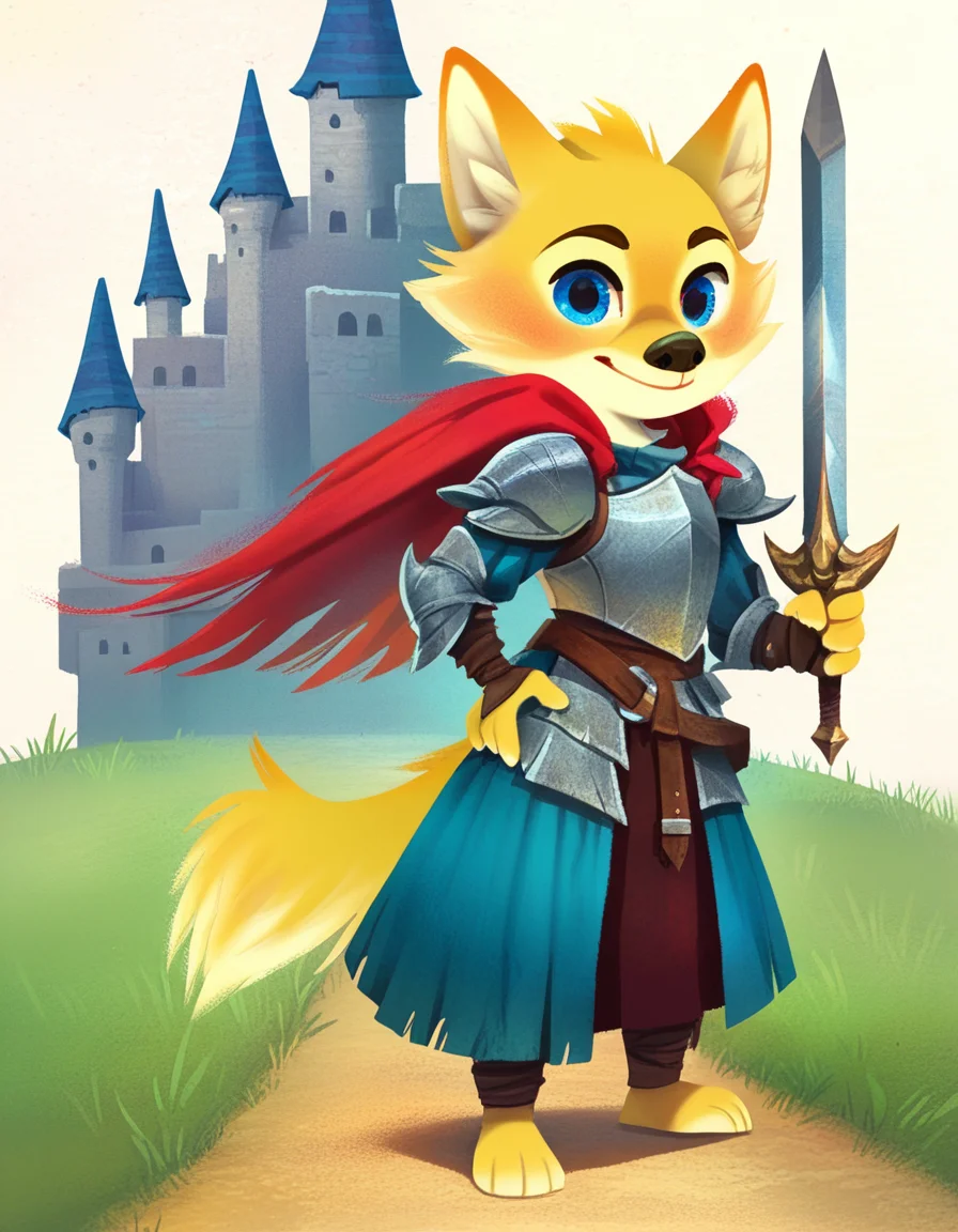 wolf, solo, anthro, male, yellow fur, blue eyes, smile, armor, holding sword, castle, grass, path, white background, pose,