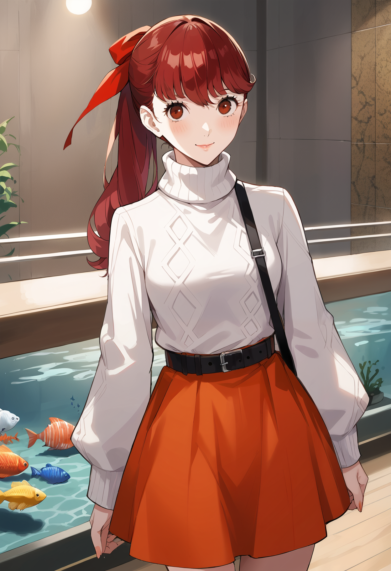 score_9, score_8_up, source_anime
1 girl, solo, cute face,
p5yoshizawa, long hair, red hair, bangs, ponytail, red hair bow,
p5yoshizawa-wincas, white sweater, turtleneck sweater, long sleeves, black belt, orange skirt, shoulder bag,
standing, inside, aquarium, looking at viewer, smile, blush,
masterpiece, best quality, ultra detailed,