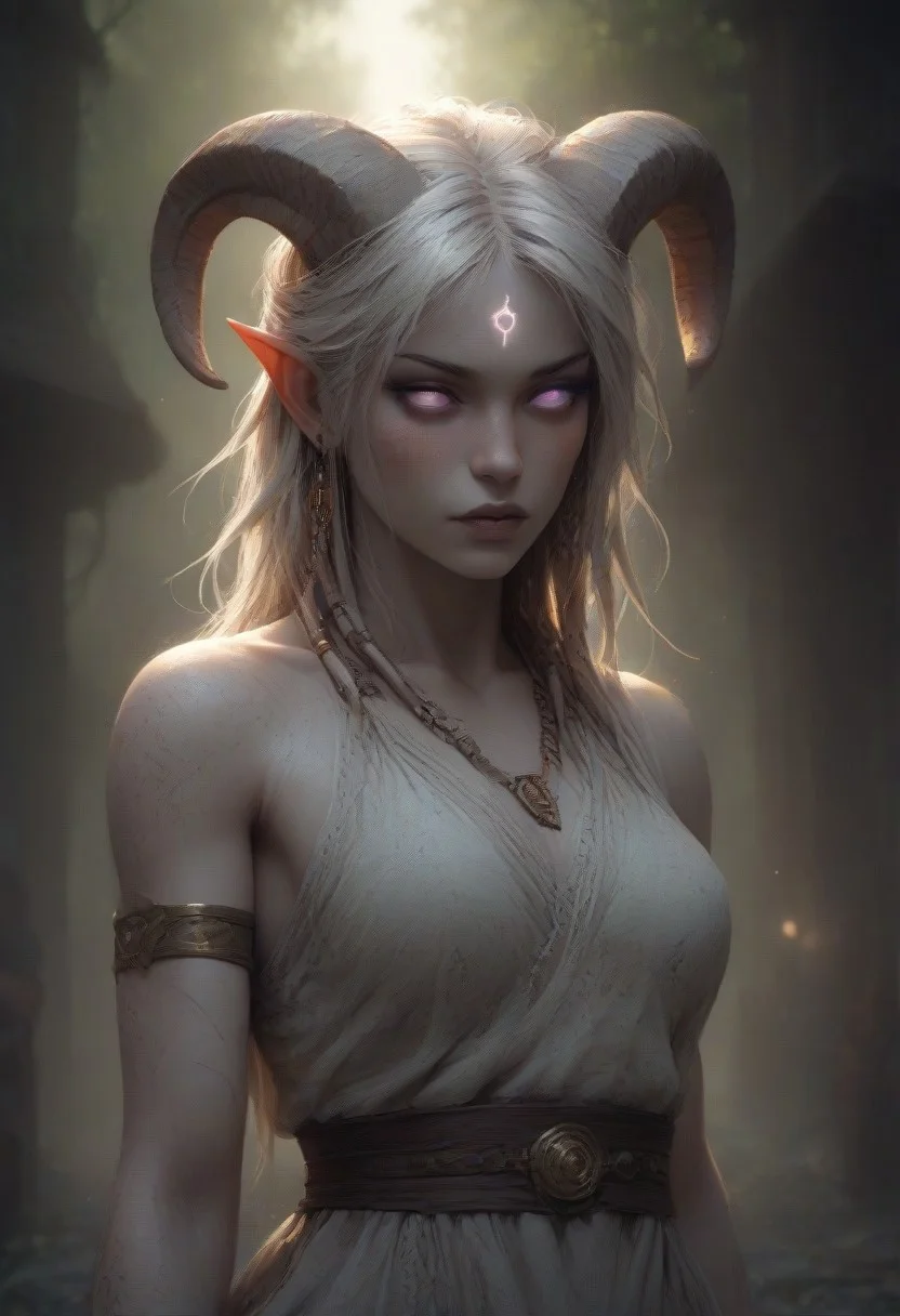 (absurdres, best quality, masterpiece:1.4), score_9, score_8_up, score_7_up, score_6_up, detailed, detailed body, detailed face, world of warcraft, fantasy, <lora:add-detail-xl:1.5>,
fFaceDetail, (female, draenei, h0rns, ram horns, white horns, tall, athletic arms, pale white skin, long white hair, purple eyes, no pupils, no sclera, long white tail, long fingers, purple fingernail polish),
(long loose white dress, white silk scarf, tail under dress, simple armlet, small yellow gem pendant, small yellow gem earrings),
upper body, front view, looking at viewer,
depth of field, outdoors, (fantasy faire, wooden village), (crowds in background, fantasy clothing, human, varied clothing)