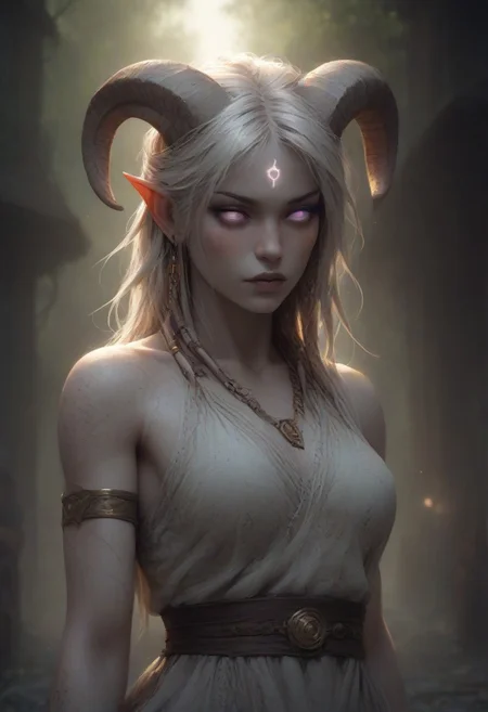 (absurdres, best quality, masterpiece:1.4), score_9, score_8_up, score_7_up, score_6_up, detailed, detailed body, detailed face, world of warcraft, fantasy, <lora:add-detail-xl:1.5>,
fFaceDetail, (female, draenei, h0rns, ram horns, white horns, tall, athletic arms, pale white skin, long white hair, purple eyes, no pupils, no sclera, long white tail, long fingers, purple fingernail polish), 
(long loose white dress, white silk scarf, tail under dress, simple armlet, small yellow gem pendant, small yellow gem earrings),
upper body, front view, looking at viewer, 
depth of field, outdoors, (fantasy faire, wooden village), (crowds in background, fantasy clothing, human, varied clothing)