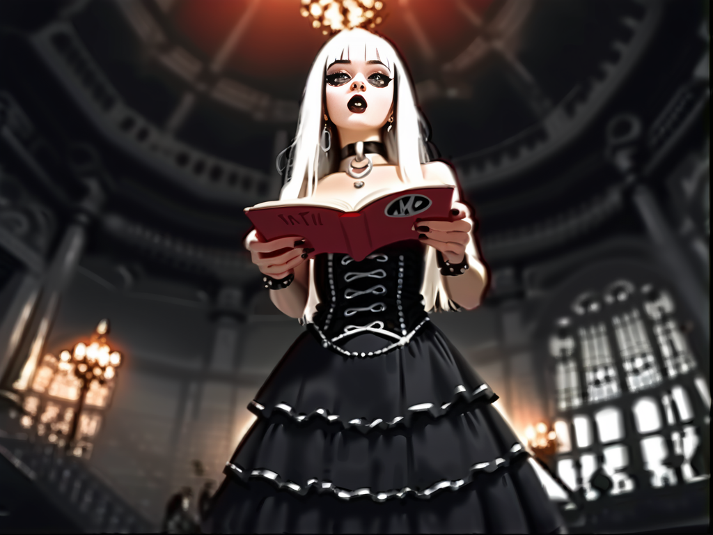 (score_9,score_8_up,score_7_up:1), 1girl, full body, low pov angle, dusk lighting, astonished, (goth, black lipstick, silver jewelry, silver piercings, black mascara, black eyeshadow), saggy breasts, (toned), white hair black highlights,choker, eyeshadow, (bloodless white rough skin), (reading), ship crystalline cavern, (<lora:goth_clothes:1>, vampire dress, black details, red lining), <lora:Vintage_VHS:1> v1nt4gevhs