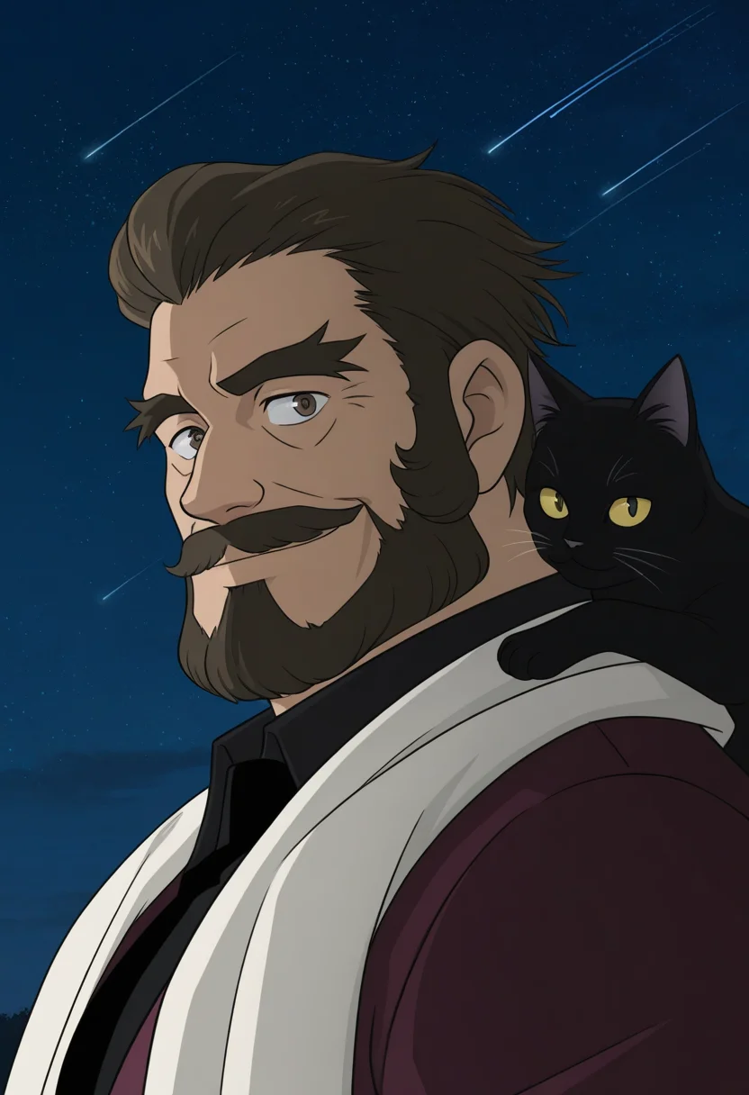 1boy, cat on shoulder, portrait, black cat, smile, looking at viewer, shooting star, slightly from side,
BREAK
<lora:Brian_D._Kadokura_from_Detective_Conan_The_Million-dollar_Pentagram_v1.0:1> large pectorals, plump,
briandkadokura, mature male, brown hair, thick eyebrows, forked eyebrows, long sideburns,
thick chest hair, thick mustache, (full beard:1.5), beard, brown eyes, night sky,
BREAK
maroon suit, black shirt, collared shirt, white scarf,
BREAK
very awa, masterpiece, best quality, absurdres, newest, perfect quality, detailed background, intricate details,