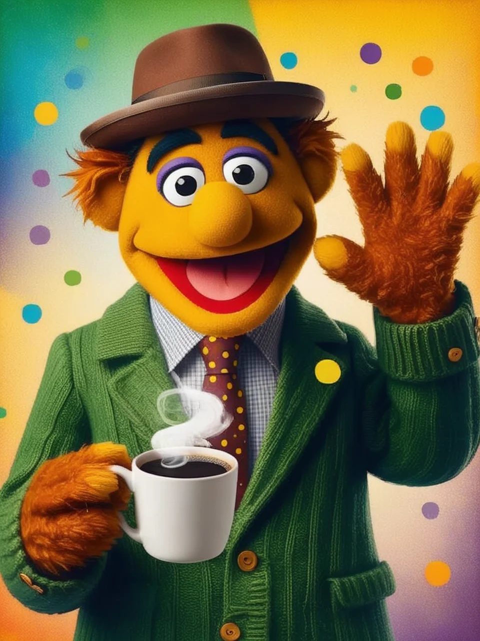 puppet-show\(style\), [1people], [A boy waving with a white cup of coffee with a yellow handle and red flowers, a brown fedora, a green sweater, and a blue tie with white polka dots], [A rotating patterned background that transitions between yellow, orange, and purple tones],<lora:Puppet-show-XL-V1:0.7>,