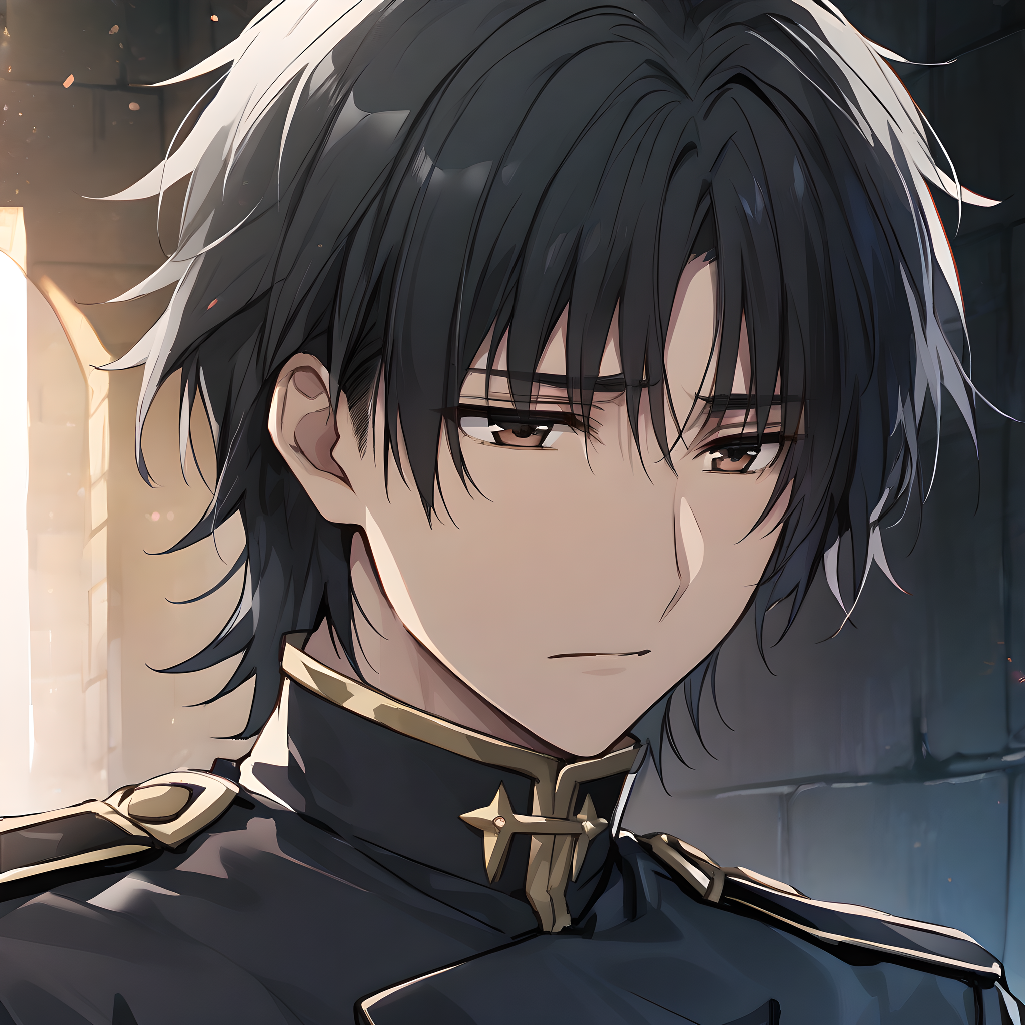 willem_kmetsch, 1boy, solo, short hair, black hair, brown eyes, military uniform, black uniform, sad look, portrait, close-up, dark alley,  <lora:XL-WillemKmetsch:1>