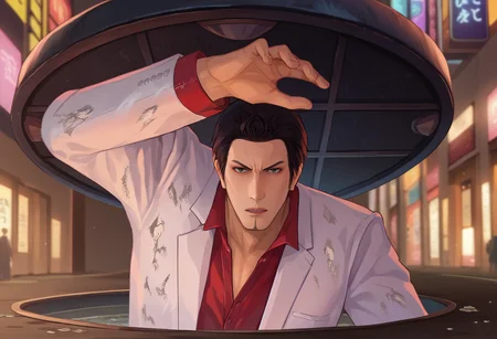 score_9, score_8_up, score_7_up, 1boy, Majima everywhere, manhole cover, arm up, <lora:Majima everywhere 3-000009:1> <lora:kiryukazuma-guy-PONYv1:1> kiryukazuma, red shirt, jacket, formal, suit, white jacket