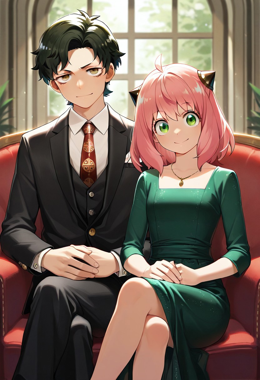 masterpiece,best quality,amazing quality, damian desmond, anya forger, green eyes, pink hair, hairpods, short hair, black hair, brown eyes, aged up, 1girl, 1boy, dress, sitting, necktie, smile, green dress, looking at viewer, jewelry, formal, crossed legs, shirt, necklace, black jacket, own hands together