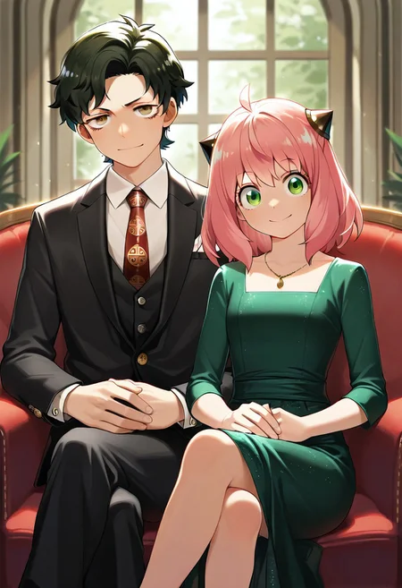 masterpiece,best quality,amazing quality, damian desmond, anya forger, green eyes, pink hair, hairpods, short hair, black hair, brown eyes, aged up, 1girl, 1boy, dress, sitting, necktie, smile, green dress, looking at viewer, jewelry, formal, crossed legs, shirt, necklace, black jacket, own hands together