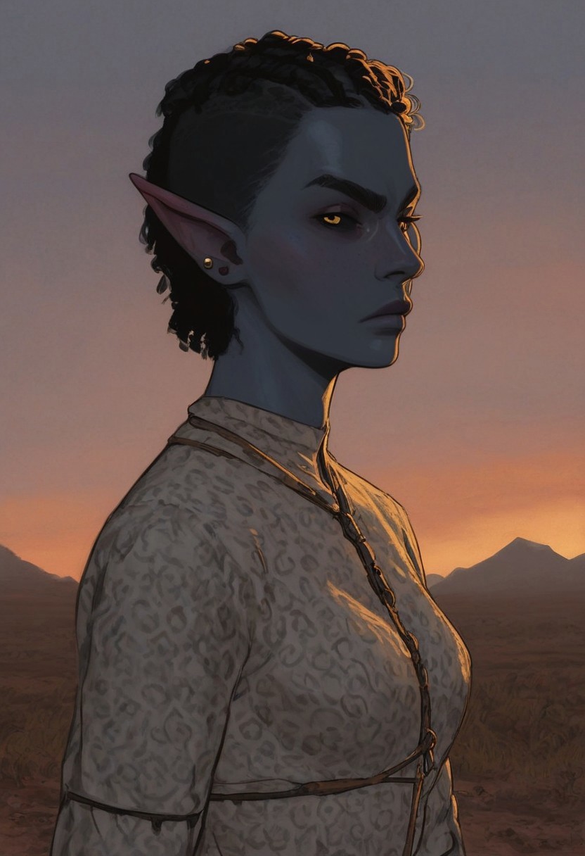 safe_pos, solo, short pointy ears, full body, action stance, piercings, random elf face, aquiline features, female dark elf, brow rings, beaded piercings, weathered skin, blue-grey skin, large nose, insect chitin armor, insect chitin helmet, insect chitin ornaments, stylized insect pattern, athletic build,  animated realism, zoomed out, Syrian features, torso, yurts, tents, native camp, elegant berber tapestries, dead desert trees, ash dunes, distant volcano, ashy soil, grey green foliage, distant grey hills, sunrise, gloomy lighting, grey fabric awnings, dark wood posts, light dust clouds, grey-blue skin, mahogany and ivory clothes, medium armor, bone plate armor, ivory straps and fittings, alien bone ornaments, grey wood neckguard, medium_breasts, grey sclera, black pupils, blue-green light, neon, highly detailed, defined features, looking at viewer, three quarters view, from side, dynamic lighting, 29 years old, light and shadows, patterned cloth, annoyed expression, expressive eyes, detailed medieval clothes, short hair, wavy hair, thick hair, beaded hair, braided hair, under cut hair, semirealistic, alien elf, spanish features, jewish features, black hair, dark red hair, desaturated blue skin, sharp features, pastel green inuit print cloak, nighttime, high detail, absurdres, pretty eyes, detailed eyes, yellow eyes,