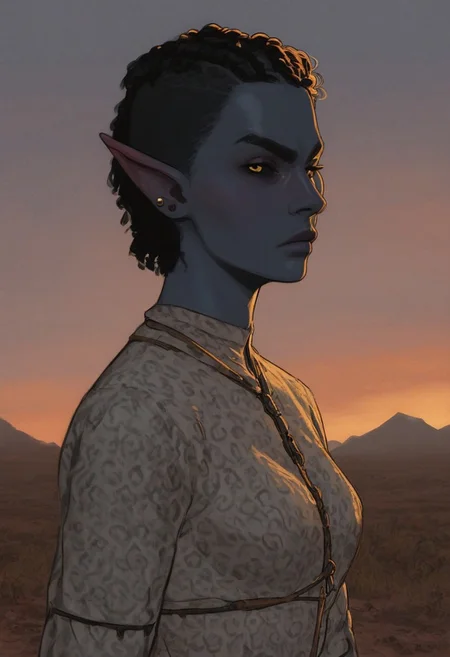 safe_pos, solo, short pointy ears, full body, action stance, piercings, random elf face, aquiline features, female dark elf, brow rings, beaded piercings, weathered skin, blue-grey skin, large nose, insect chitin armor, insect chitin helmet, insect chitin ornaments, stylized insect pattern, athletic build, animated realism, zoomed out, Syrian features, torso, yurts, tents, native camp, elegant berber tapestries, dead desert trees, ash dunes, distant volcano, ashy soil, grey green foliage, distant grey hills, sunrise, gloomy lighting, grey fabric awnings, dark wood posts, light dust clouds, grey-blue skin, mahogany and ivory clothes, medium armor, bone plate armor, ivory straps and fittings, alien bone ornaments, grey wood neckguard, medium_breasts, grey sclera, black pupils, blue-green light, neon, highly detailed, defined features, looking at viewer, three quarters view, from side, dynamic lighting, 29 years old, light and shadows, patterned cloth, annoyed expression, expressive eyes, detailed medieval clothes, short hair, wavy hair, thick hair, beaded hair, braided hair, under cut hair, semirealistic, alien elf, spanish features, jewish features, black hair, dark red hair, desaturated blue skin, sharp features, pastel green inuit print cloak, nighttime, high detail, absurdres, pretty eyes, detailed eyes, yellow eyes,
