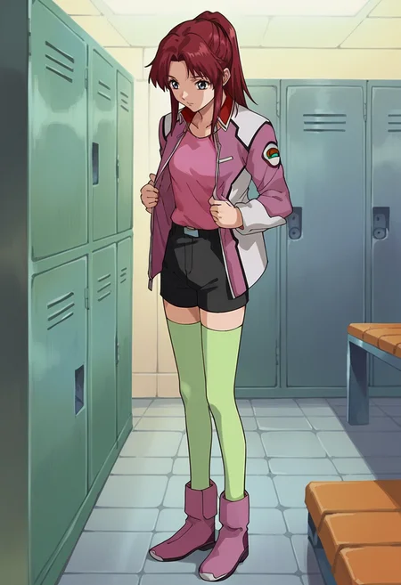 score_9,score_8_up,score_7_up,score_6_up,score_5_up,score_4_up,anime coloring,source_anime,<lora:Flay_Allster_Gundam_SEED_Pony:0.8>,flay,1girl,solo,grey eyes,red hair,high ponytail,pink jacket,tank_top,black miniskirt,green thighhighs,pink boots,undressing,standing,indoors,locker,changing room,