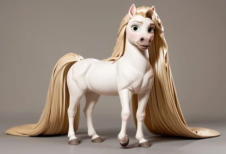 Score_9, score_8_up, score_7_up, original style, 3d disney anime, Maximus the white horse, solo, super long hair, (A full body image of a horse with an endlessly long white Rapunzel-Style mane), (absurdly long white Rapunzel-Style mane:1.4), (meters of hair without end:1.2)