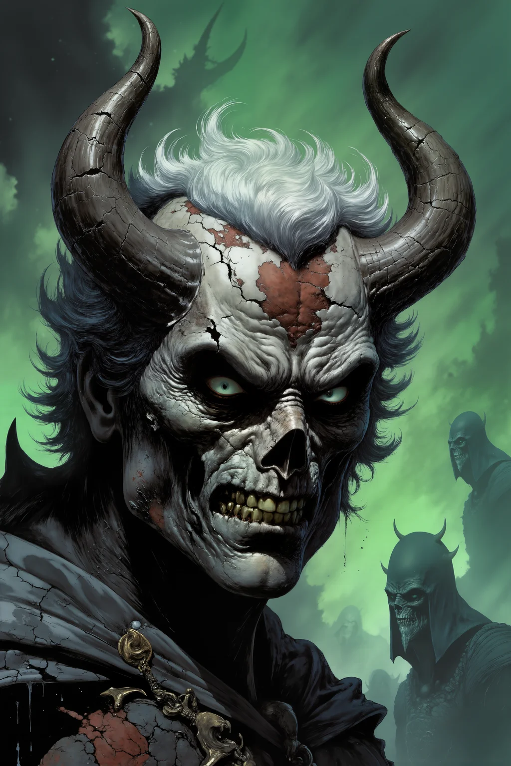 A close-up portrait of a male, with short, silver hair and pale, alabaster skin, belonging to a cursed race of undead knights. He appears to be in his late 30s, his eyes hollow and sunken beneath a cracked, horned mask. The mask is forged from ancient bone, with two large, twisted horns that jut out menacingly from either side, each one marked with the scars of countless battles. The surface of the mask is covered in deep cracks and chips, as if it has been worn through centuries of combat, and from within, faint whispers of the dead can be heard. His mouth is slightly open, revealing sharp, decayed teeth, and his eyes, visible through the maskâs hollow sockets, glow with a sickly green light. The background is a swirling fog of dark greens and grays, with ghostly figures emerging from the mist, creating a scene that is both eerie and unsettling. The combination of the horned mask and the ghostly background gives him the appearance of a haunted, undead warrior, cursed to wander the battlefield for all eternity. (high-resolution, dynamic, energetic, dramatic lighting, shallow depth of field.), detailmaximizer<lora:Adventure_Comic_Book><lora:detailed_flux_ntc:2.2><lora:aidmaImageUpgrader-FLUX-V0.1:0.65>