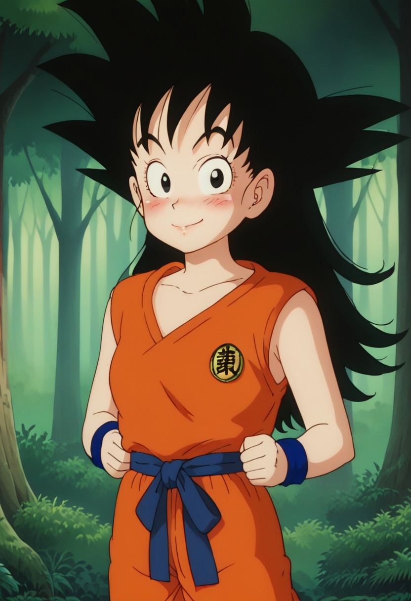 score_9, score_8_up, score_7_up , , source_anime, intricate details, masterpiece, high quality, prefect hands, best quality,, 1girl, solo,  upper body , anime screencap, 
forest , 
orange dougi, blue sash, blue wristband, sleeveless , orange pants, orange topwear,  blue under shirt,
, blush , 
looking at viewer, smile  ,  
, GGoku , black hair, black eyes, big eyeballs , spiked hair , long hair , eyelash , lips , cute , blush , medium breast ,