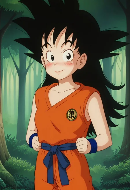 score_9, score_8_up, score_7_up , , source_anime, intricate details, masterpiece, high quality, prefect hands, best quality,, 1girl, solo, upper body , anime screencap,
forest ,
orange dougi, blue sash, blue wristband, sleeveless , orange pants, orange topwear, blue under shirt,
, blush ,
looking at viewer, smile ,
, GGoku , black hair, black eyes, big eyeballs , spiked hair , long hair , eyelash , lips , cute , blush , medium breast ,