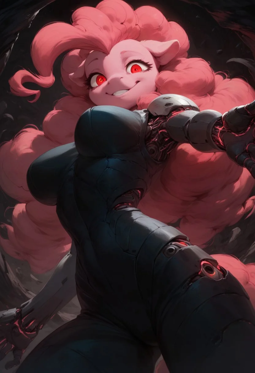 zPDXL2, score_9, score_8_up, score_7_up, solo, beautiful pony, (anthro), pinkie pie, black silhouette of pinkie pie, detailed background, circuitry in background, pink body, climbing out of metal, large breasts, back turned, cybernetic body, ((covered in shadow)), half circuitry, happy, tiny pupils, upper body, defined body, (close up:1), (glowing red eyes), hand towards viewer, bags under eyes, dynamic pose, hallow eyes, leaning from viewer, from below, worms eye view