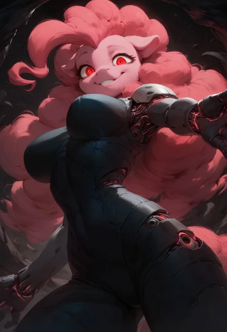 zPDXL2, score_9, score_8_up, score_7_up, solo, beautiful pony, (anthro), pinkie pie, black silhouette of pinkie pie, detailed background, circuitry in background, pink body, climbing out of metal, large breasts, back turned, cybernetic body, ((covered in shadow)), half circuitry, happy, tiny pupils, upper body, defined body, (close up:1), (glowing red eyes), hand towards viewer, bags under eyes, dynamic pose, hallow eyes, leaning from viewer, from below, worms eye view