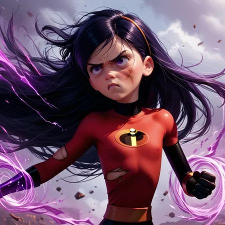 score_9, score_8_up, score_7_up, score_6_up, score_5_up, score_4_up, 1girl, VioletParr, superhero, long hair, torn clothes, cuts and bruises, determined look, wind blowing hair, purple energy, flat chest, skinny