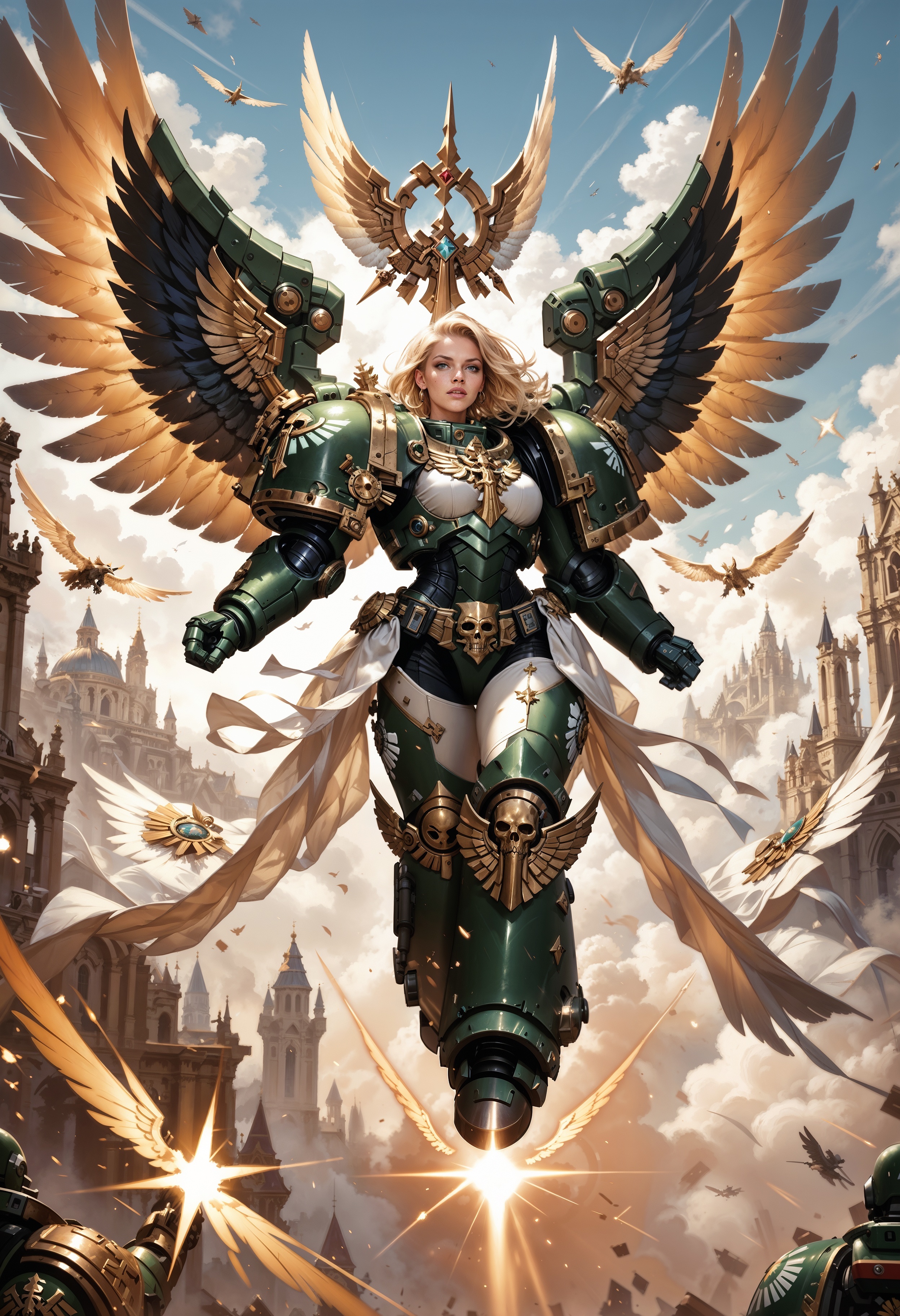 (score_9, score_8_up), score_7_up,  <lora:PonyDarkA40k:0.8> DarkA40k, 1girl, blonde, solo, dark green power armor, large wings, hovering, divine light, angel