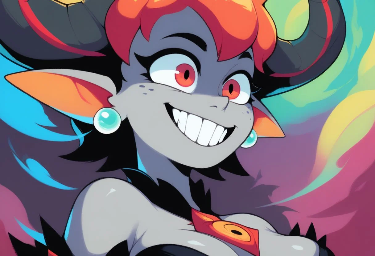 score_9,score_8_up,score_7_up, evleyxl, grey skin, short hair, facial mark, pointy ears, bare shoulders, black strapless dress, pearl earrings, evil, smile, teeth, magic pressure, hip sway, horns