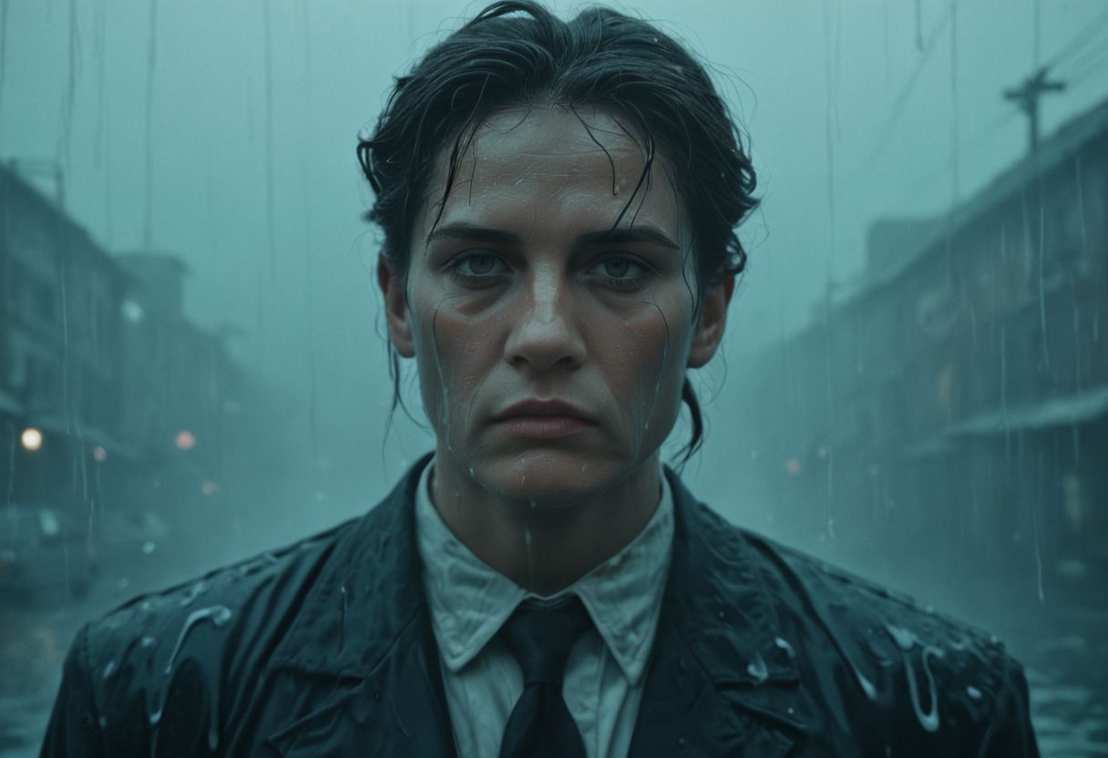 50s old noir cinema; surreal China underwater, night, fog and rain, melting taxi cab; a portrait of an old mad scientist with long hait; dramatic light, cinematic, dark, moody light, film grain, kodak film, old film colors, IMAX 135mm, Wes Anderson style