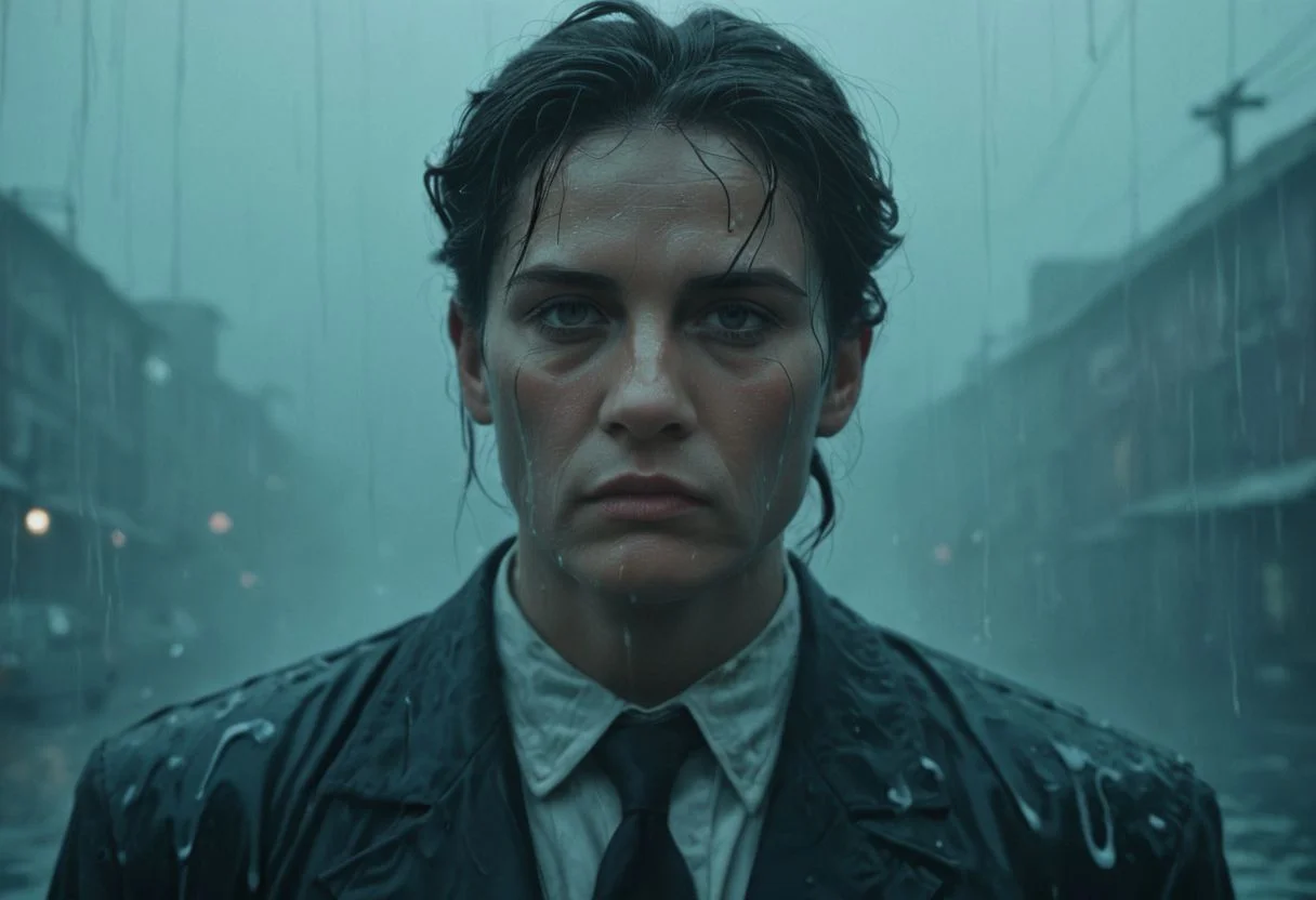 50s old noir cinema; surreal China underwater, night, fog and rain, melting taxi cab; a portrait of an old mad scientist with long hait; dramatic light, cinematic, dark, moody light, film grain, kodak film, old film colors, IMAX 135mm, Wes Anderson style
