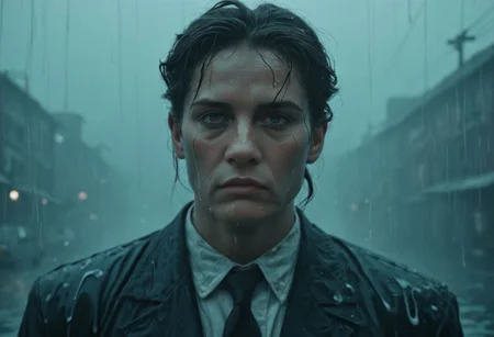 50s old noir cinema; surreal China underwater, night, fog and rain, melting taxi cab; a portrait of an old mad scientist with long hait; dramatic light, cinematic, dark, moody light, film grain, kodak film, old film colors, IMAX 135mm, Wes Anderson style