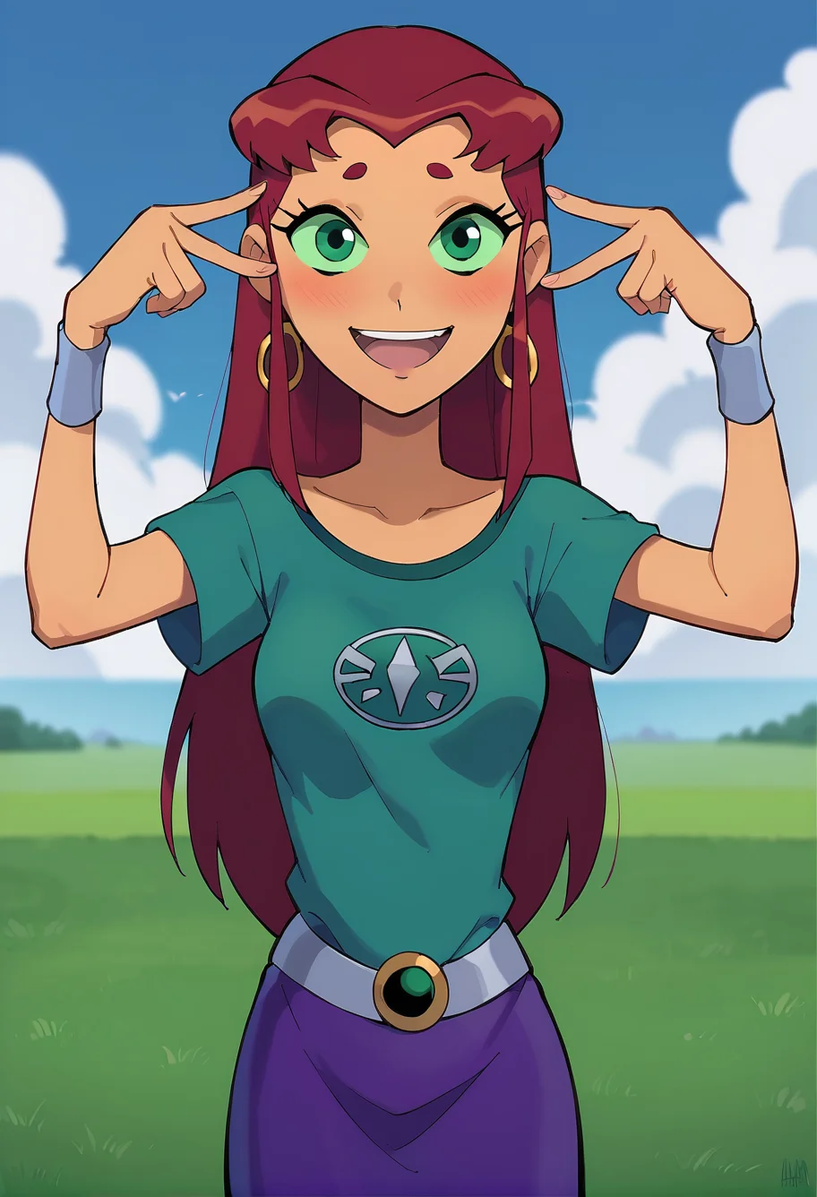 score_9, score_8_up, score_7_up, BREAK
source_cartoon, 2d, masterpiece, best quality, 1girl, starfire, DC, titans, cartoon network, flat color, detailed face, hoop earrings, looking at viewer, standing, laughing, petite, cute, skinny, (blush:1.1), teen titans, red hair, long hair, green eyes, orange skin, aqua t-shirt, collarbone, solo, simple background, blue sky, saturated sky color, cloud, grass, meadow background, <lora:Style_Western.Cartoon.Classic.Disney_Pony.XL:0.5> <lora:Concept_Ai.Hoshino.Pose_Pony.XL:0.7> aihoshinopose, double v, <lora:Starfire_Pony.XL:0.7>