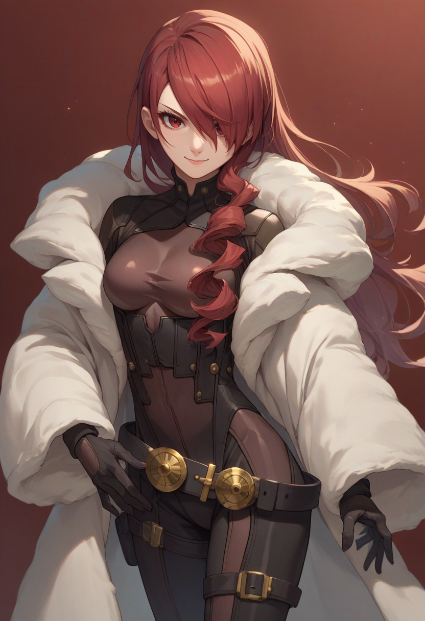 score_9, score_8_up, score_7_up, source_anime, solo, 1girl, kirijoarena, slight smile, looking at viewer, standing, hair over one eye, fur coat, black bodysuit, black gloves, belt <lora:persona3_kirijou_ponyXL:1>