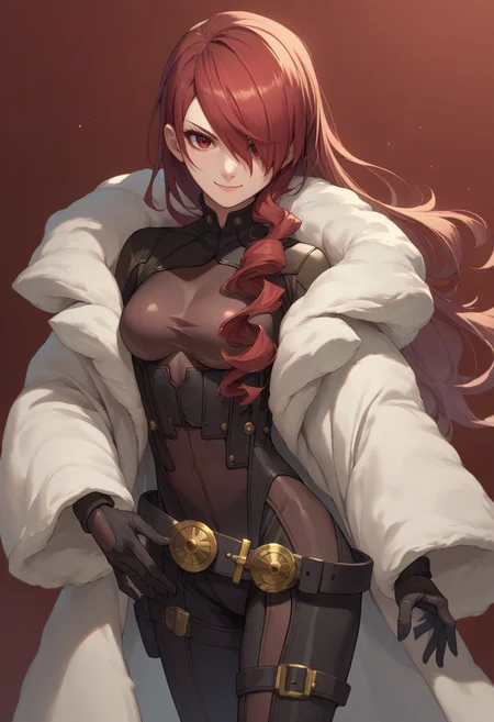score_9, score_8_up, score_7_up, source_anime, solo, 1girl, kirijoarena, slight smile, looking at viewer, standing, hair over one eye, fur coat, black bodysuit, black gloves, belt <lora:persona3_kirijou_ponyXL:1>