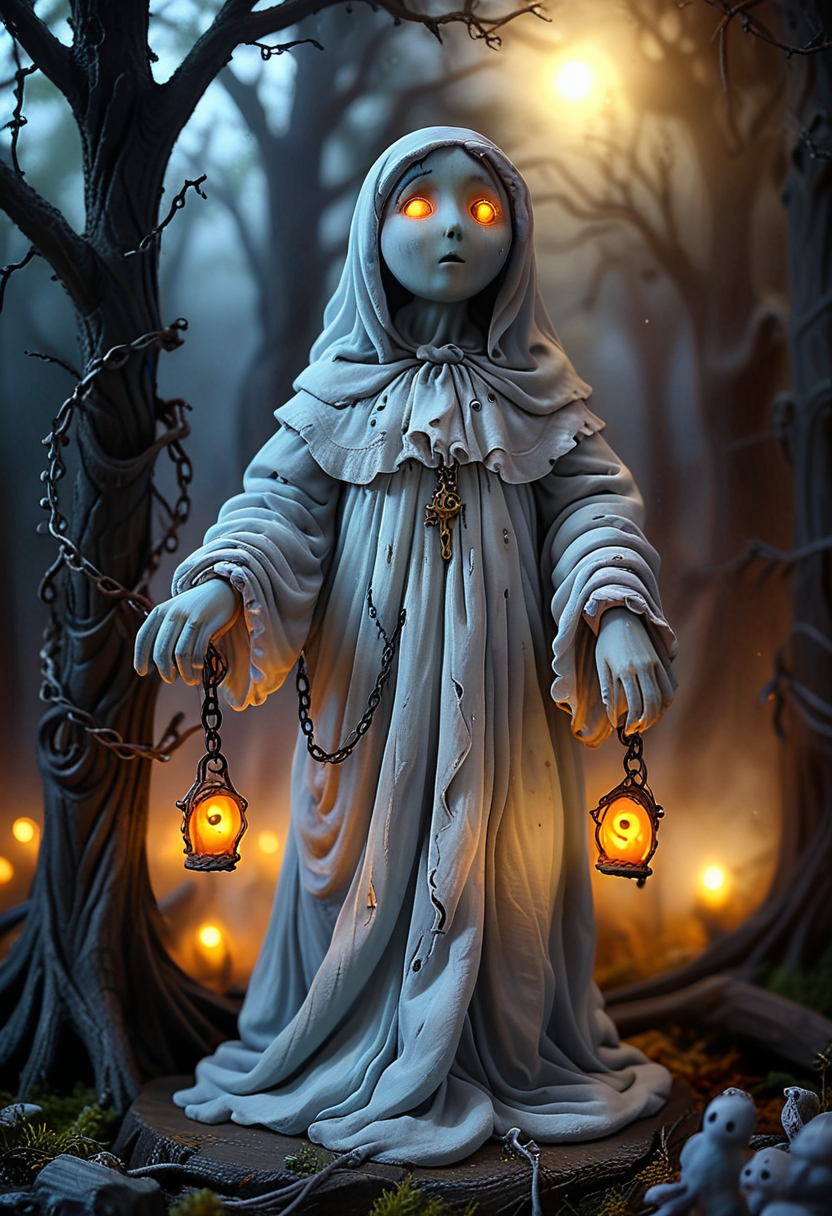 (medium full shot) of (ghostly ghost) ethereal figure, transparent fading body, fading hands, faintly glowing yellow eyes, pale, glowing softly, almost transparent with a chilling atmosphere, vengeful, chains around its wrists, carrying a puppet, set in  a dark, haunted forest, with twisted trees, dense fog, a sense of foreboding, during a full moon,  Masterpiece,best quality, very aesthetic