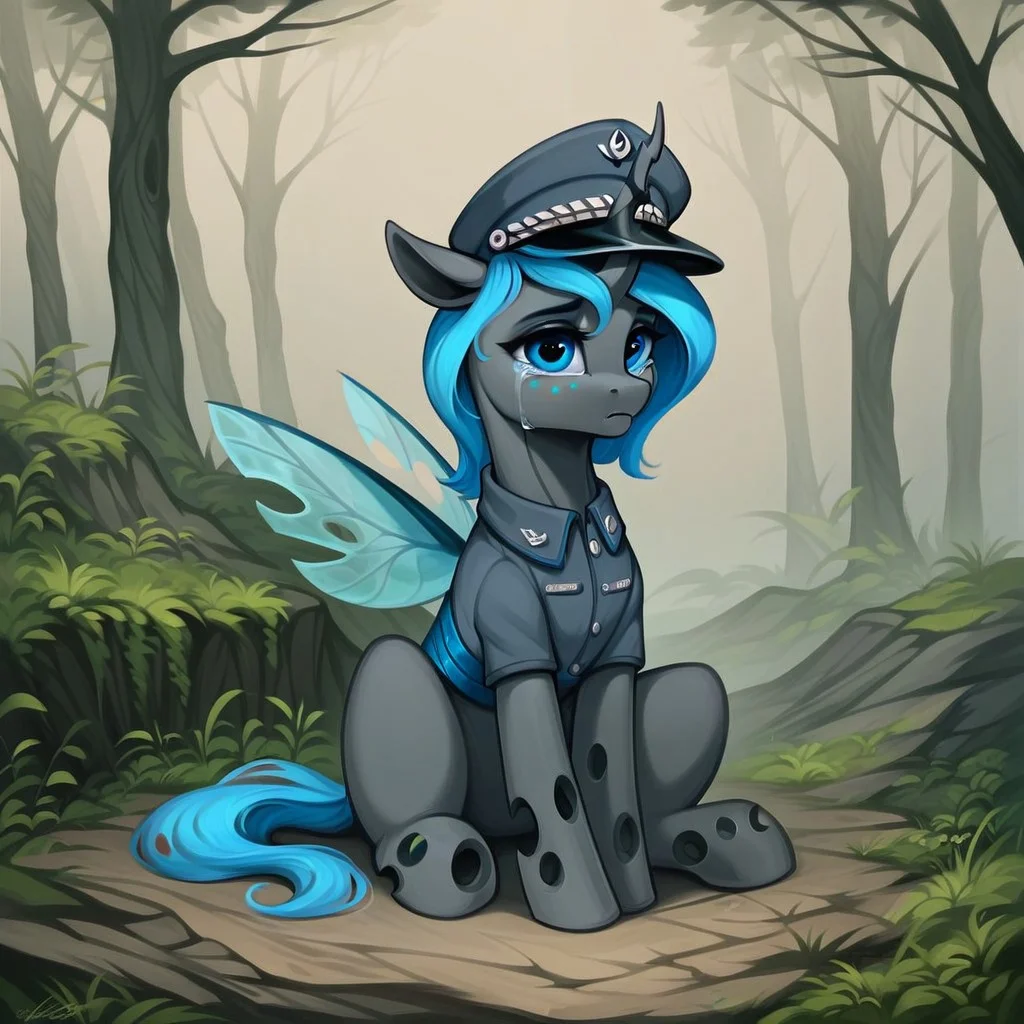 masterpiece, score_9_up, score_8_up, score_7_up, score_6_up, (best quality:1.1), ultra-detailed, high resolution, 1character, changeling oc, female, mlp, feral, gray skin, short blue mane, blue freckles, blue insect wings, tail, single horn, ears, (((beautiful detailed blue eyes))), long eyelashes, eyebrows, sitting, sad face, crying, tears from eyes, military uniform, peaked cap. detailed facial features, full body, expressiveh, highly visible, sharp focus, anatomically correct, detailed background, outside, outdoors, dark forest in the background