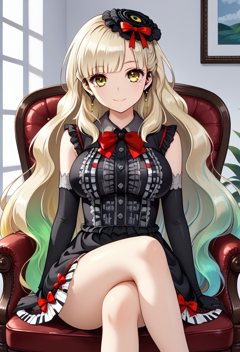 ((living room)), ((looking at viewer)), 1girl, solo, detailed eyes, high definition eyes, eyesHD, high gradient eyes, ((sitting on chair)), ((crossed legs)), ((large breasts)), smile, closed mouth, ((Mayu)), very long hair, blonde hair, gradient hair, multicolored hair, ((yellow eyes)), light blonde fades to rainbow hair, black hat, black gothic dress, sleeveless dress, ((medium dress)), elbow gloves, black gloves, red bow, jewelry, earphones, earrings