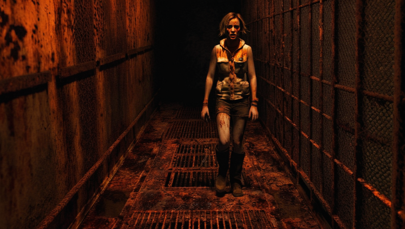 a woman with a pocket flashlight is walking down a (dark:0.7) hallway, closeup, rusted metal fences on either side, metal grate floor, (magma glow light from sides and floor), orange light, volumetric rays, (gurney with dead body), realistic, cinematic still, horror movie, sh3heather <lora:sh3heather:0.9>