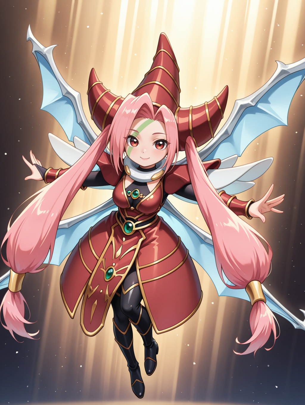 T.G. Wonder Magician,1girl,solo,smile,chibi,looking at viewer,dragon wings,full body,green facial mark,twintails,black bodystocking,gold hair tubes,red dress,red gauntlets,floating,red wizard hat,black thigh boots,light rays,red shoulder armor,flying,outstretched arms,
masterpiece,best quality,amazing quality,very aesthetic,apussbsurdres,newest,<lora:T.G. Wonder Magician illuXL v1:0.75>,
