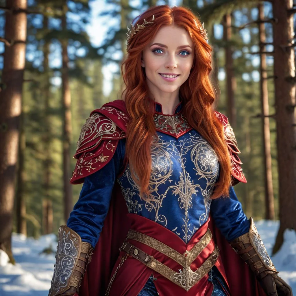 Odessa, masterpiece, 1girl nsfw, solo, red hair, long hair, smile, circlet, pants, cape, armor, closeup, full body, outdoors,(masterpiece:1.1), (best quality:1.1), 1girl, Real light and shadow, photo-realism, raytracing, 4k, 8k, wallpaper,epic, detail texture, red hair, (blue eyes:1.5), ((((red hair:1.35, medium hair)))), intricate eyes, beautiful detailed eyes, symmetrical eyes, big eyes:1.5, (((lustrous skin:1.5, bright skin: 1.5, skin tanned, shiny skin, very shiny skin, shiny body, plastic glitter skin, exaggerated shiny skin, illuminated skin))), (detailed body,(detailed face)), cute, erotic, daring, (((medieval armor, adventurer man armor, winter coat))), (((intricate outfit, intricate clothes, embroidered outfit, ornate outfit, embroidered clothes, ornate armor))), (dynamic pose:1.0), happy, smile, (centered, scale to fit dimensions, Rule of thirds), ((snowy pine forest at night)), with dark stormy clouds, winter scenery:1.25, ((snow forest background)), Christmas tree, highres, sharp focus, (ultra detailed, extremely detailed), (photorealistic) (extremely detailed CG unity 8k wallpaper), (((vibrant colors,vibrant theme))), (intricate), (masterpiece),(best quality), lean on table, lace dress nsfw