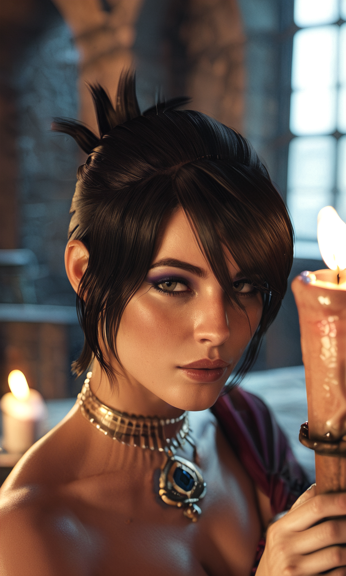 score_9, score_8_up, score_7_up, BREAK, zy_morrigan, 1girl, short hair, black hair, jewelry, makeup, portrait, realistic, photo, real hair, detailed skin, dark fantasy, dungeon, dark, candles, highly detailed, detailed skin, depth of field, film grain,  <lora:zy_Morrigan_PonyRealism_v1:.75>