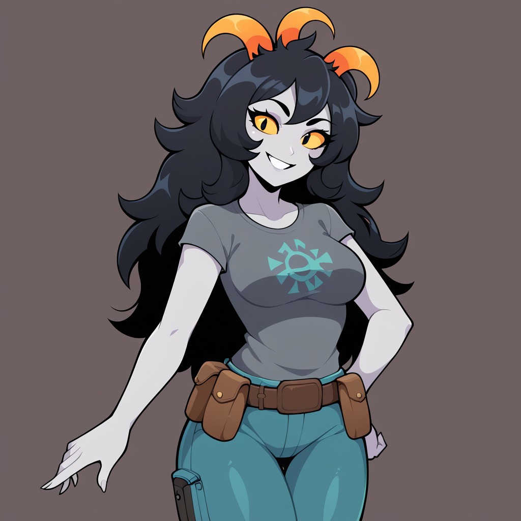 score_9, score_8_up, 
BREAK, 
serpaz, yellow sclera, solo, colored sclera, black hair, 1girl, grey skin, three horns, smile, shirt, pouch, long hair, colored skin, belt pouch, belt, looking at viewer, overcoat, breasts,