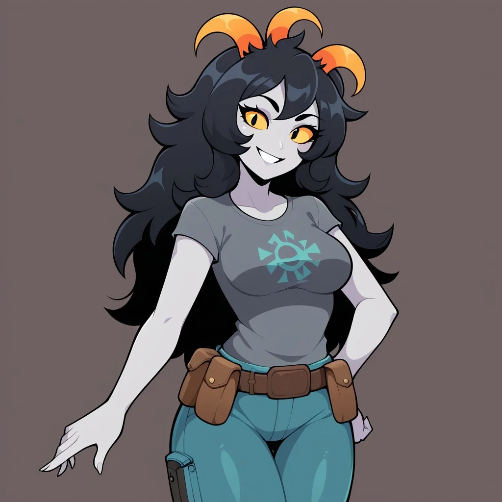 score_9, score_8_up, 
BREAK, 
serpaz, yellow sclera, solo, colored sclera, black hair, 1girl, grey skin, three horns, smile, shirt, pouch, long hair, colored skin, belt pouch, belt, looking at viewer, overcoat, breasts,