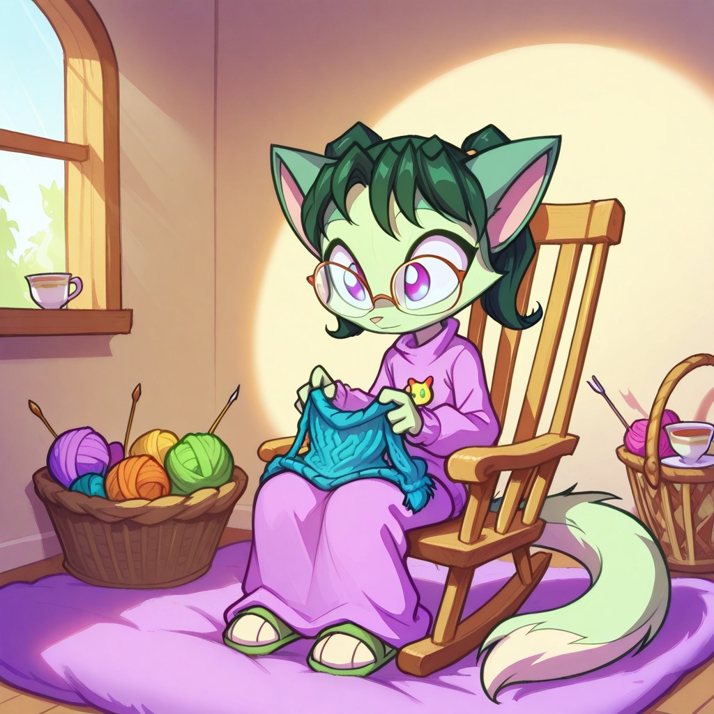Dreamkeepers,1girl,prelude_lilith,solo,furry,tail,green hair, source_furry,glasses,magenta eyes,
child, kid,
knitting_needles, yarn_ball, sweater, basket, rocking_chair, teacup, blanket, slippers, buttons, wool, window, pillow
Scene: A snug corner by a window with a rocking chair creaking softly, someone knitting a tiny sweater from fluffy wool, needles moving rhythmically. Yarn_ball tumble in a wicker basket, a teacup balances on the armrest, and a blanket drapes over their lap. Cute buttons shaped like stars wait to be sewn on, slippers peek out from under the chair, and a pillow props them up as sunlight streams in, warming the sweet, homey moment.