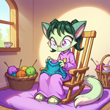 Dreamkeepers,1girl,prelude_lilith,solo,furry,tail,green hair, source_furry,glasses,magenta eyes,
child, kid,
knitting_needles, yarn_ball, sweater, basket, rocking_chair, teacup, blanket, slippers, buttons, wool, window, pillow
Scene: A snug corner by a window with a rocking chair creaking softly, someone knitting a tiny sweater from fluffy wool, needles moving rhythmically. Yarn_ball tumble in a wicker basket, a teacup balances on the armrest, and a blanket drapes over their lap. Cute buttons shaped like stars wait to be sewn on, slippers peek out from under the chair, and a pillow props them up as sunlight streams in, warming the sweet, homey moment.