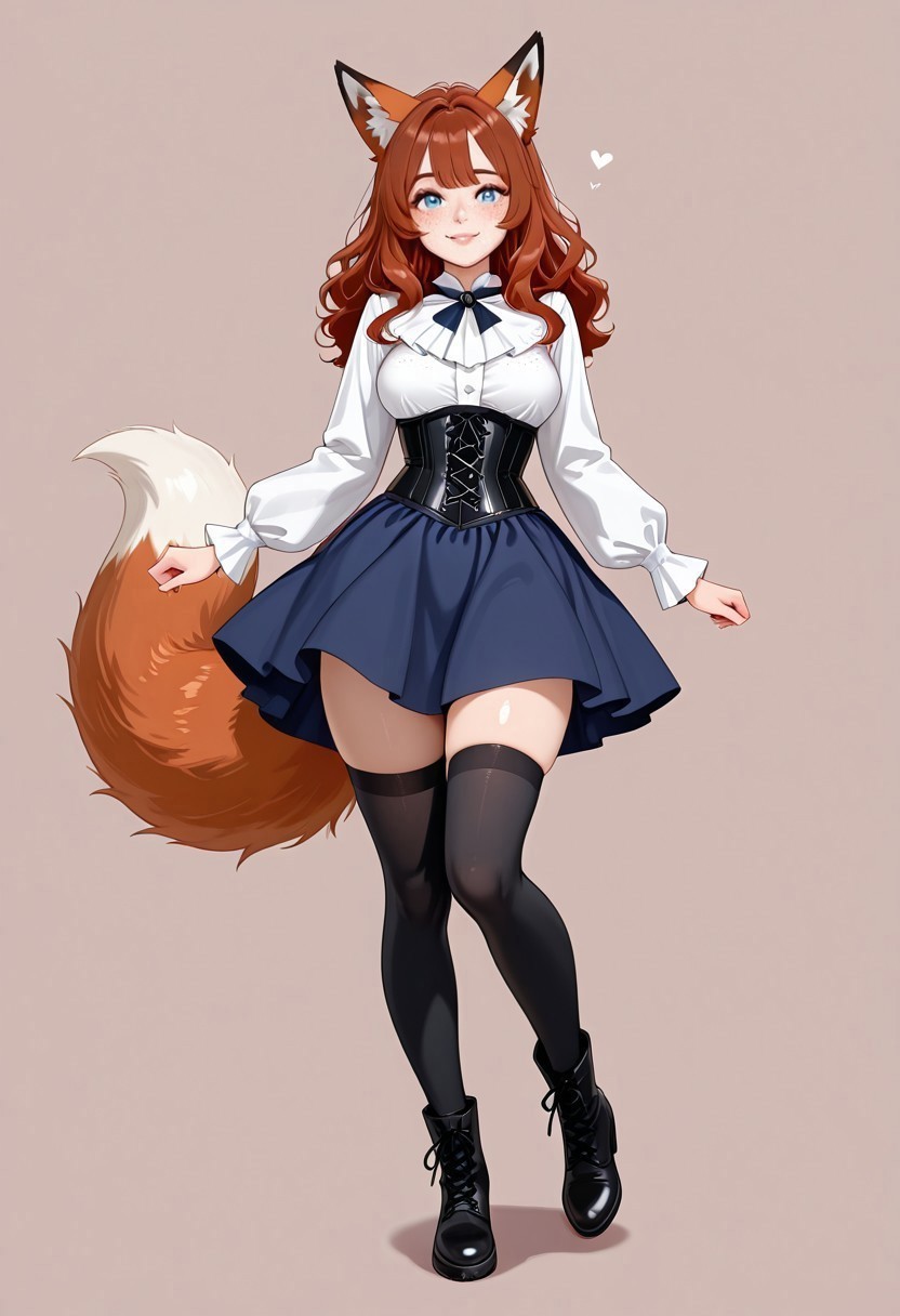 score_9, score_8_up, score_7_up, 1girl, solo, realistic, detailed, absurdres, masterpiece, newest, intricate, hikari_koko, kitsune, fox girl, auburn hair, reddish auburn hair, 20yo, young adult woman, detailed eyes, blue eyes, perfecteyes, saturated eyes, freckles, cute lips, hands, perfect hands, looking at viewer, perfect face, beautiful face, full body visible, corset, short navy blue skirt, black leather boots, black thigh highs, victorian top, beautiful smile, happy, excited, neutral background