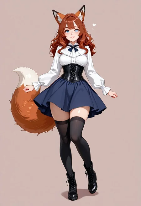 score_9, score_8_up, score_7_up, 1girl, solo, realistic, detailed, absurdres, masterpiece, newest, intricate, hikari_koko, kitsune, fox girl, auburn hair, reddish auburn hair, 20yo, young adult woman, detailed eyes, blue eyes, perfecteyes, saturated eyes, freckles, cute lips, hands, perfect hands, looking at viewer, perfect face, beautiful face, full body visible, corset, short navy blue skirt, black leather boots, black thigh highs, victorian top, beautiful smile, happy, excited, neutral background