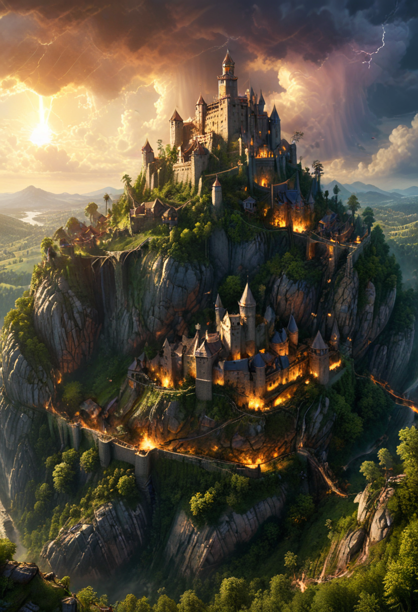A fortified city on a hill surrounded by a forest on sunset, digital painting, concept art, 4d cinema, 32k, pixiv, masterpiece, hyperrealistic, ultimate details, high texture resolution, sharp focus, introcated details   <lora:xl_more_art-full_v1:1> <lora:add-detail-xl:1> soft lightning