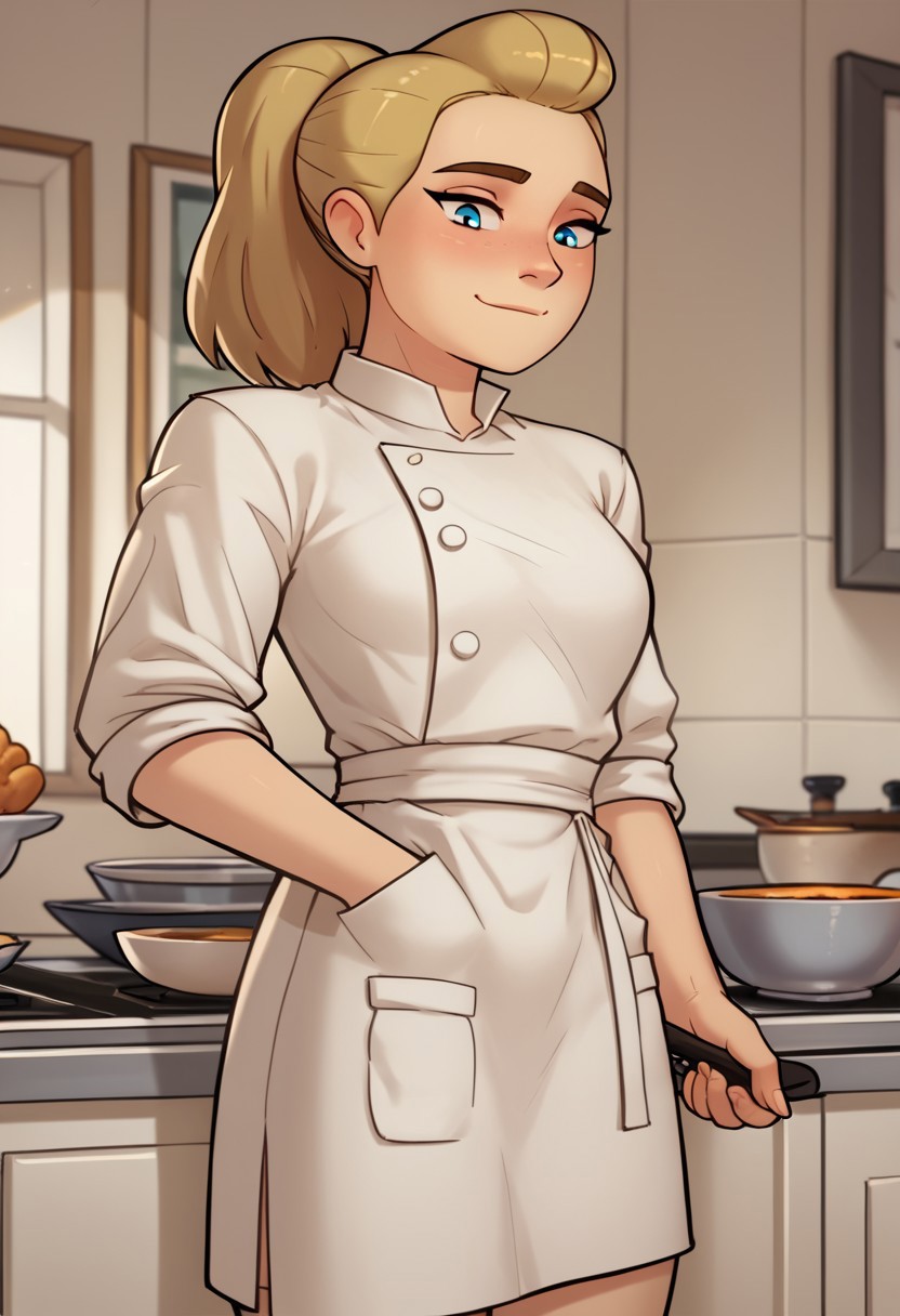 score_9, Score_8, relatedguy, solo, 1girl, CHAdora, chef_uniform, brightmoonbedroom
