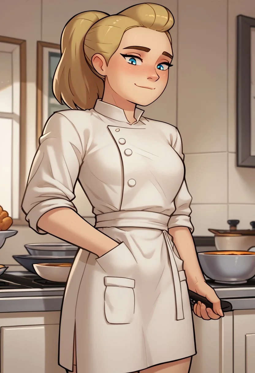score_9, Score_8, relatedguy, solo, 1girl, CHAdora, chef_uniform, brightmoonbedroom