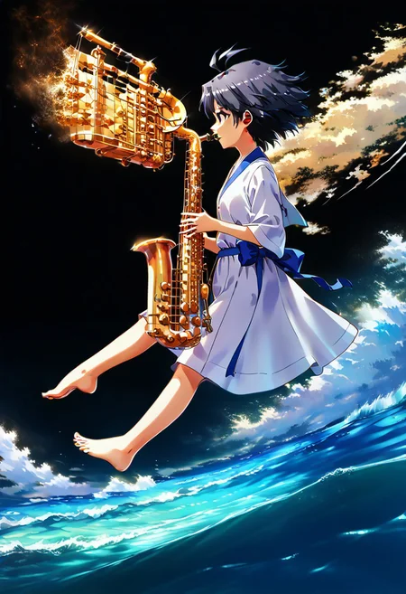 score_9, score_8_up, score_7_up, score_6_up, source_anime, <lora:Worldly_XL:1.25> (1girl, levitating, levitation, flying:2), instrument, solo, solo focused, Kikuchi Makoto is levitating in the air in white tunic playing saxophone, playing instrument, <lora:Sheeps_Saxophone:0.8> SH_S4X, <lora:KikuchiMakoto_pony_v1:0.9> kkcmkt, (Kikuchi Makoto, full shot, full frame, barefoot:2), short hair, black hair, antenna hair, hair between eyes, black eyes, flat chest, small breasts, white tunic, barefoot, ElementsMix (Fire:0.5), (Earth:0.9), (Wind:1.0), (Water:1.0), magical, <lora:ElementsMixPDXL:0.50> Landscape, stunning, made of light, arsworldoflight, <lora:ArsMorph_-_World_of_Light:0.45> <lora:loraeyesxl:0.4>