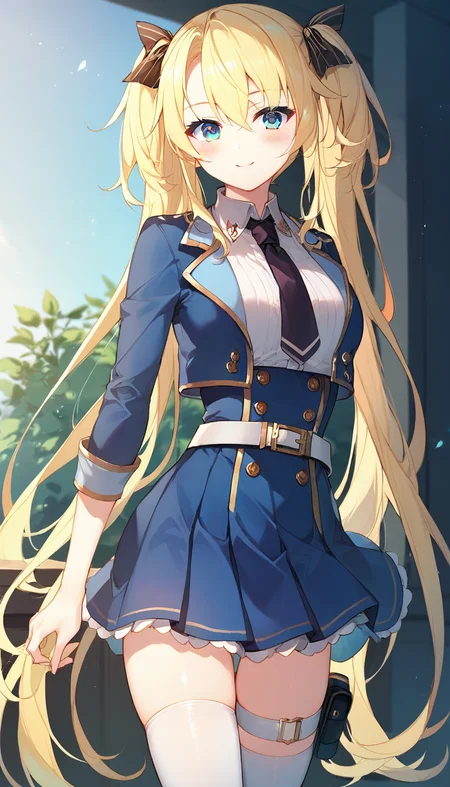 score_9,score_8_up,score_7_up,score_6_up BREAK official art,solo,outdoors,cowboy shot,looking at viewer,facing viewer,smile,blush,Regina Mercedes,very long hair,blonde hair,twintails,hair ribbon,black ribbon,sidelocks,hair between eyes,bangs,blue eyes,blue jacket,cropped jacket,open jacket,wing collar,black necktie,white shirt,collared shirt,dress shirt,long sleeves,medium breasts,double-breasted,white belt,blue skirt,high-waist skirt,pleated skirt,frilled skirt,thigh strap,white thighhighs,zettai ryouiki,mary janes,black footwear,<lora:Regina Mercedes(sgmt)-Pony:1.2>,