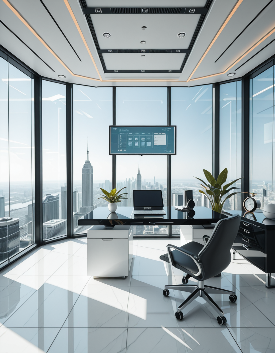 A modern, luxurious executive secretary's office located at the top floor of a futuristic skyscraper. The office has floor-to-ceiling glass walls offering a breathtaking panoramic view of a bustling metropolis under a clear blue sky. Inside, the design is ultra-minimalist and high-tech, with sleek white furniture, a glossy black desk with an integrated digital interface, and an ergonomic designer chair in matte gray leather. There are a few elegant green plants strategically placed for a touch of nature. A thin holographic screen hovers above the desk, displaying schedules and emails. The lighting is bright but soft, coming from recessed LED strips in the ceiling and natural sunlight pouring in. The atmosphere feels calm, professional, and cutting-edge, reflecting the spirit of a powerful tech company. In the background, a subtle artistic sculpture and a minimalist clock complete the decor.
<lora:SDXLFaeTastic2400:0.4> <lora:extremely_detailed:0.4> extremely detailed,secretary 0ff1c3, <lora:secretary_0ff1c3_r1-i:1>, Masterpiece,best quality,hi res,8k,hi res,8k,award winning,(sharp focus, intricate, highly detailed),