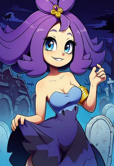 high resolution, score_9, score_8_up, score_8, medium breasts, cute, eyelashes , acerola (pokemon), purple hair, purple hair, topknot, flipped hair, collarbone, purple dress, stitches, multicolored dress, armlet, smile, looking at viewer, cowboy shot, medium breasts, curvy, narrow waist, graveyard,